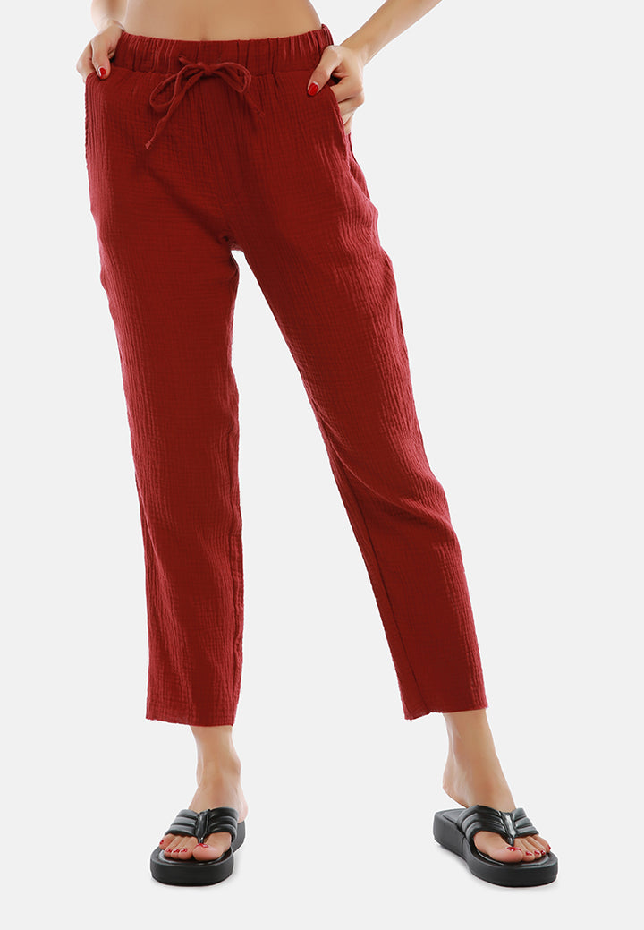 drawstring narrow bottom summer pants by ruw#color_burgundy