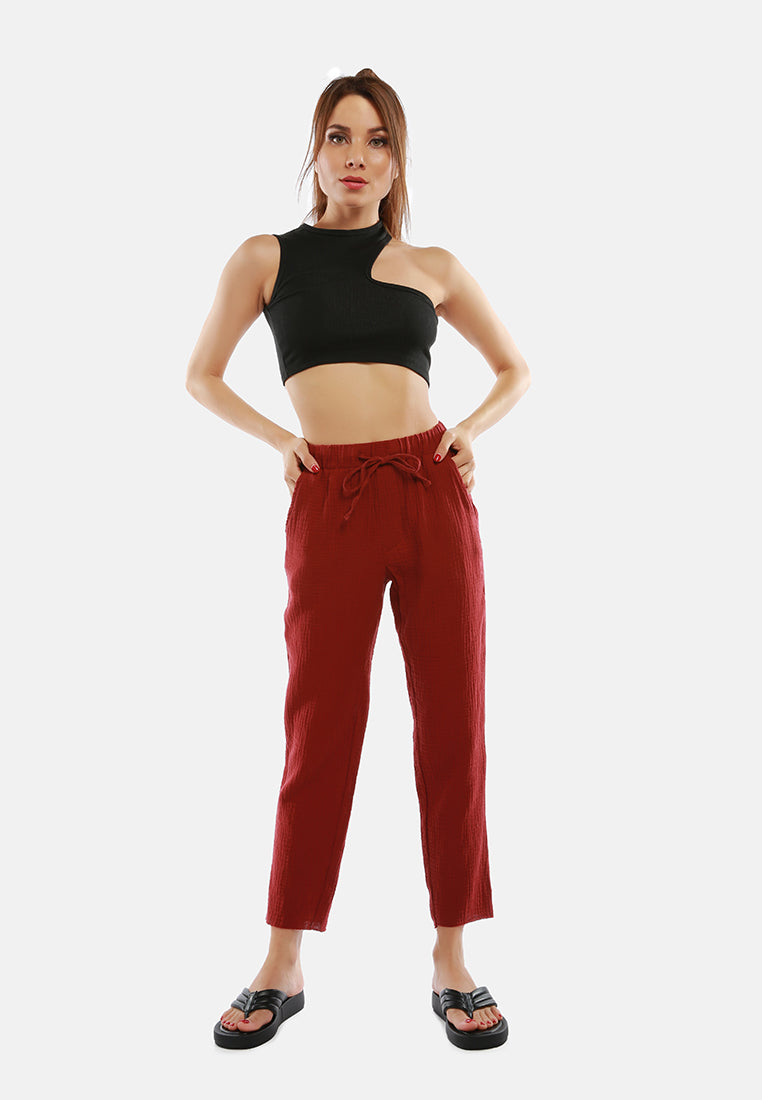 drawstring narrow bottom summer pants by ruw#color_burgundy