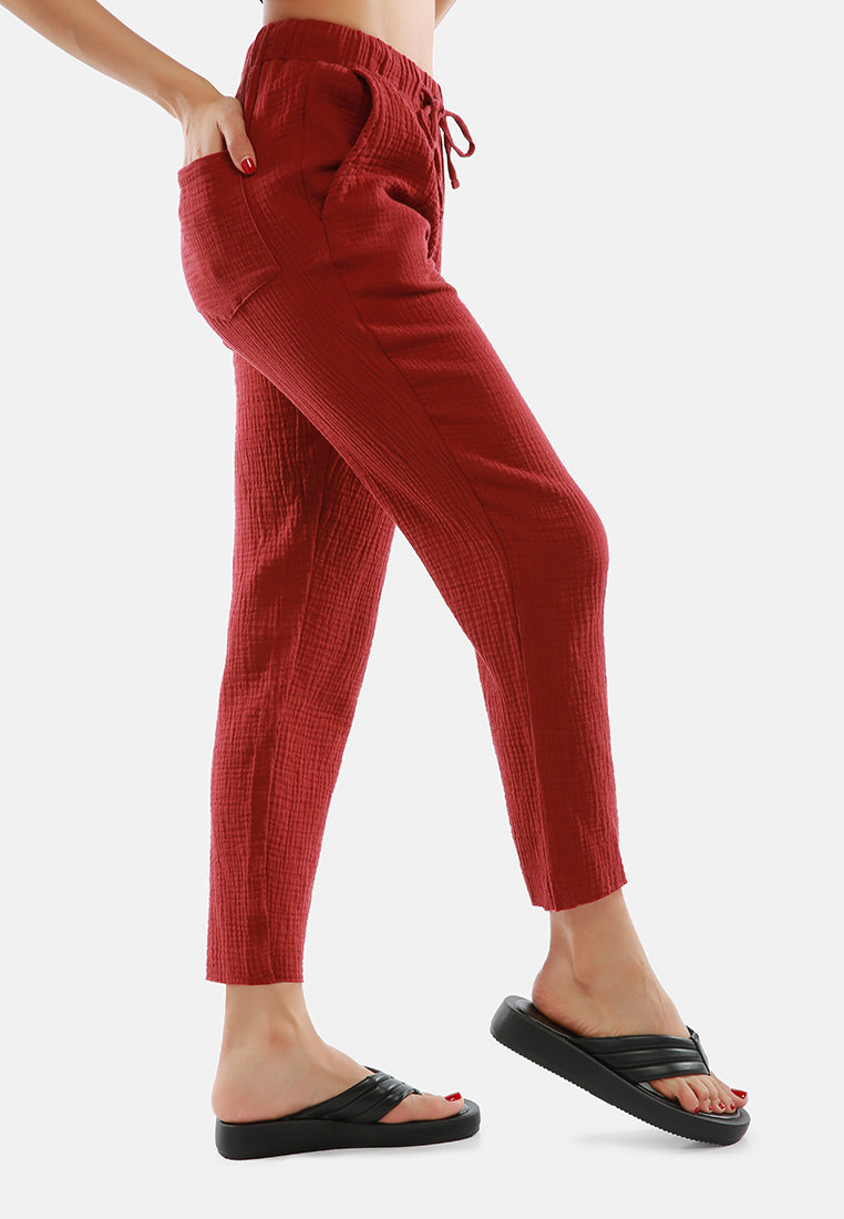 drawstring narrow bottom summer pants by ruw#color_burgundy