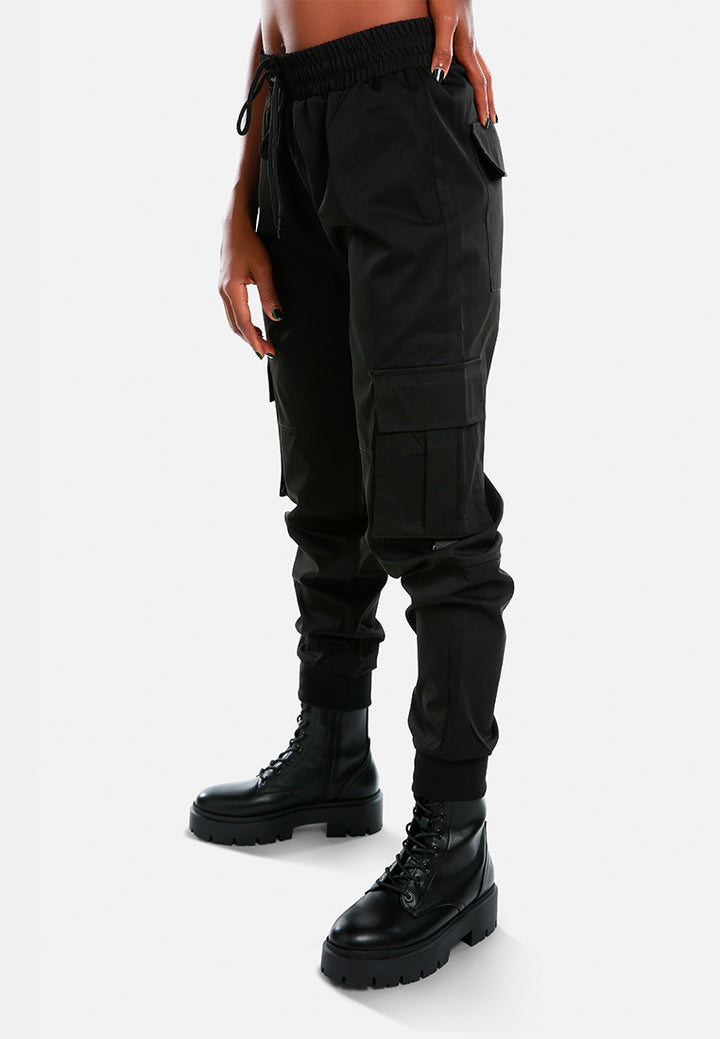 drawstring utility pocket cargo pants#color_black