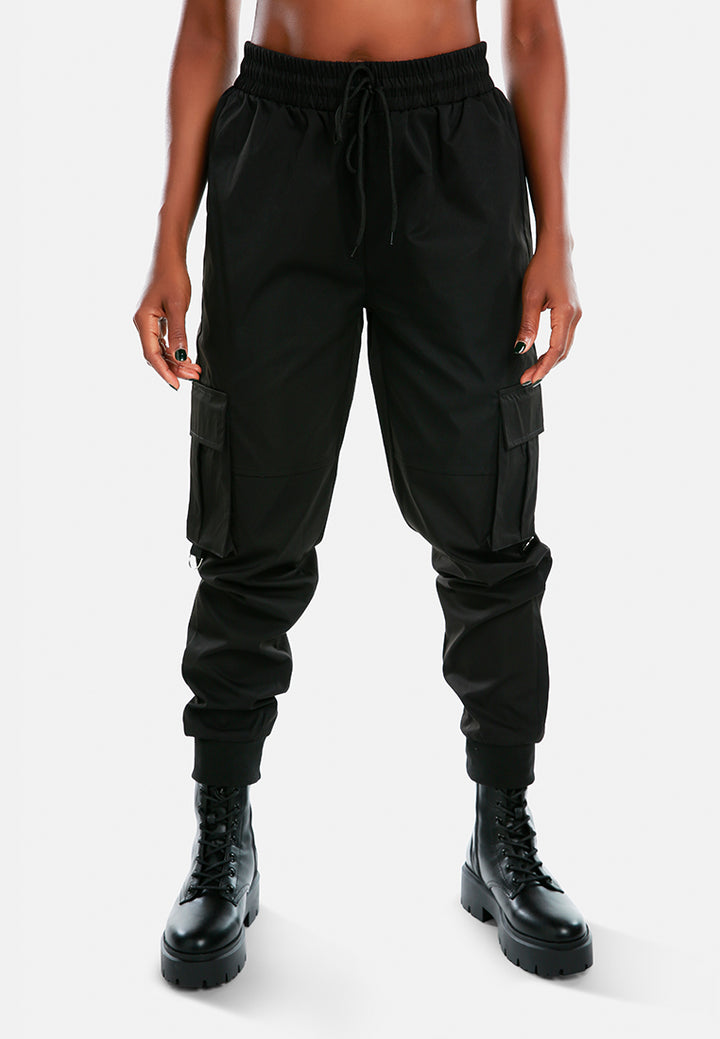 drawstring utility pocket cargo pants#color_black