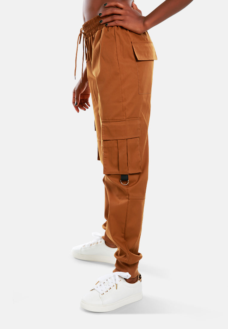 drawstring utility pocket cargo pants#color_brown