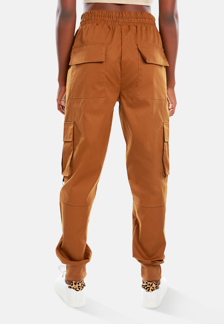 drawstring utility pocket cargo pants#color_brown