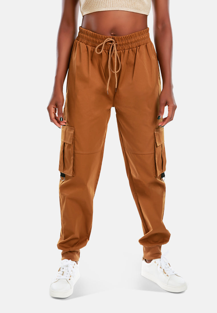 drawstring utility pocket cargo pants#color_brown