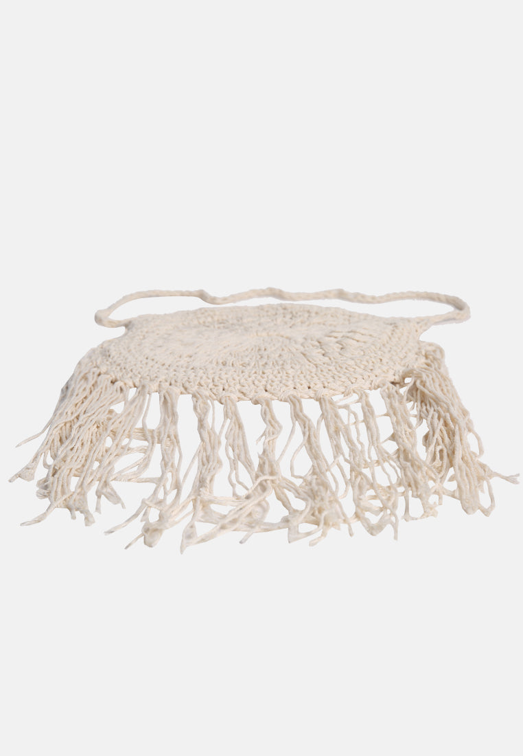 dream catcher handmade crochet boho round bag#color_white