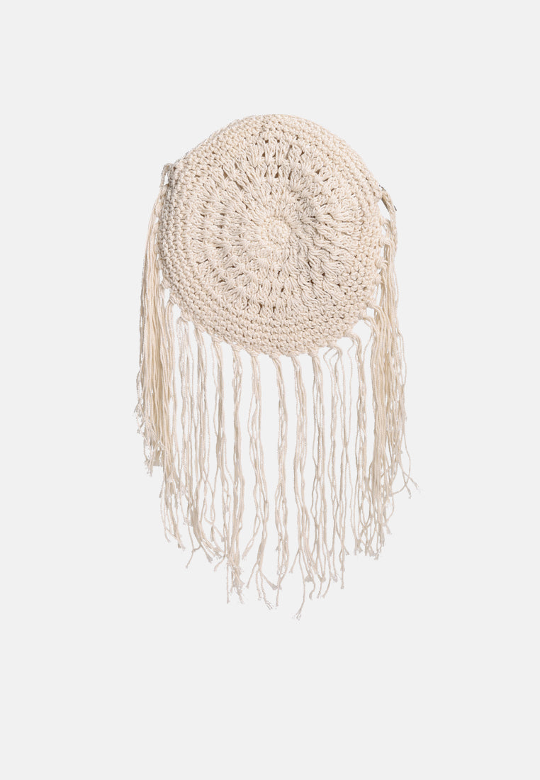 dream catcher handmade crochet boho round bag#color_white