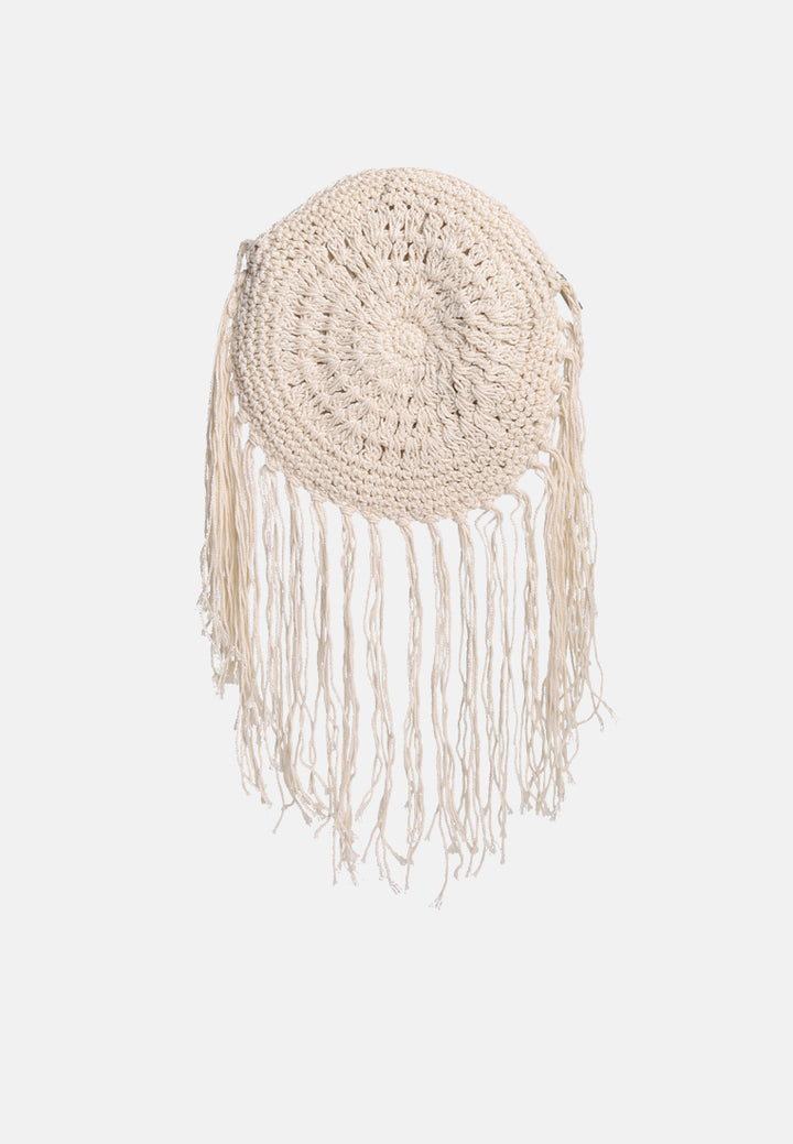 dream catcher handmade crochet boho round bag#color_white