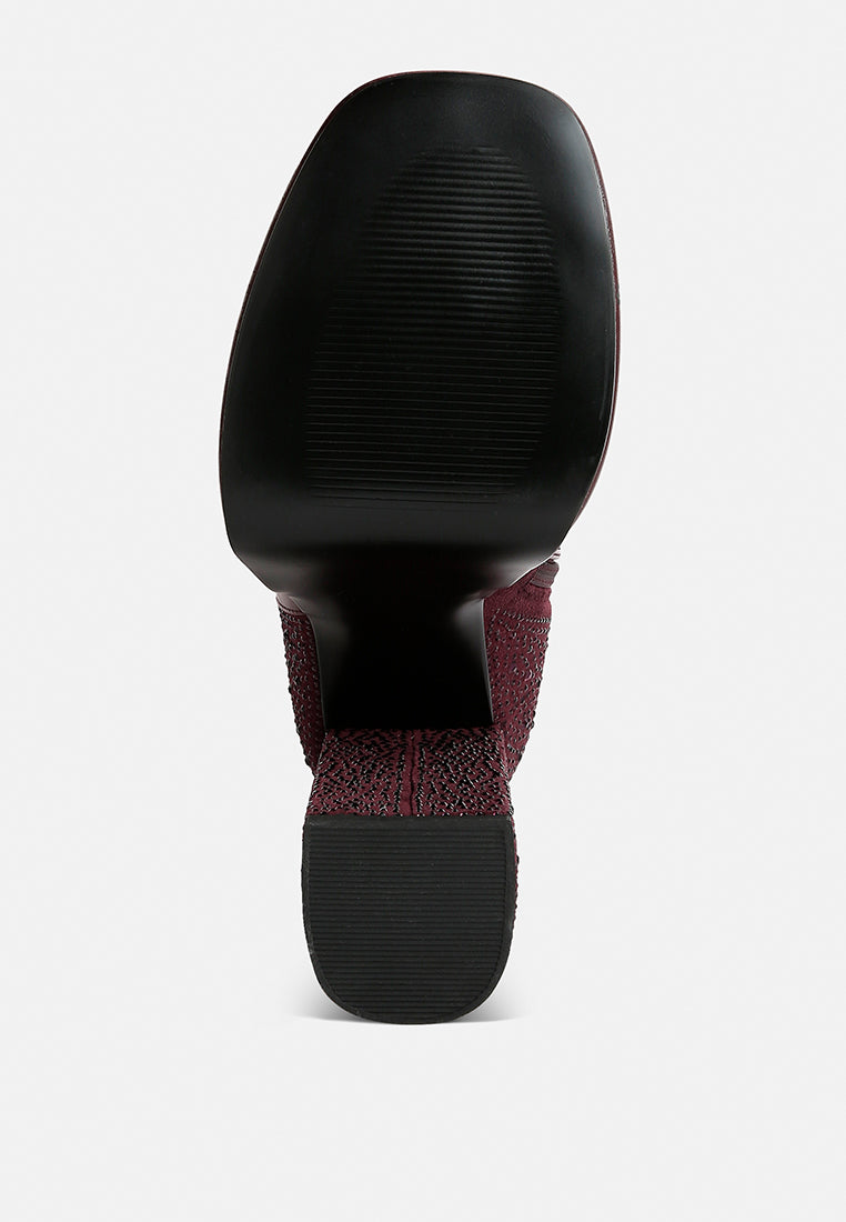 dryday diamante zip up block heel boots by ruw#color_burgundy