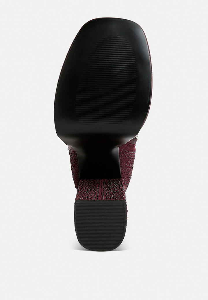 dryday diamante zip up block heel boots by ruw#color_burgundy