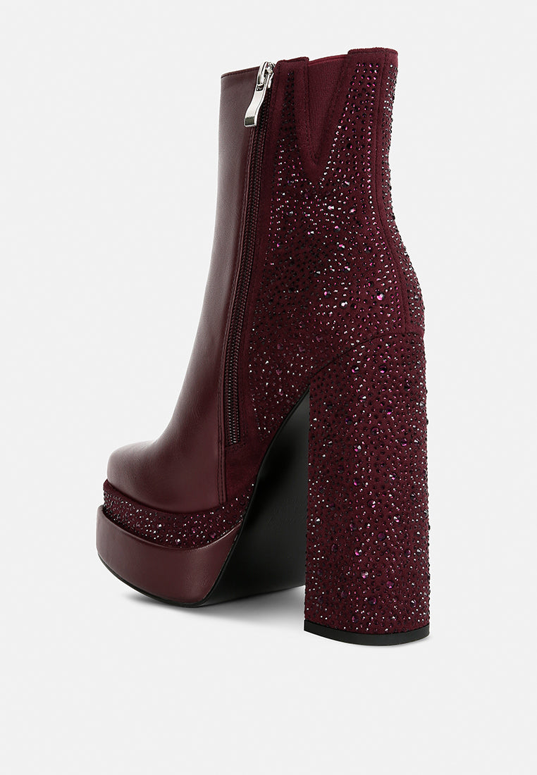 dryday diamante zip up block heel boots by ruw#color_burgundy