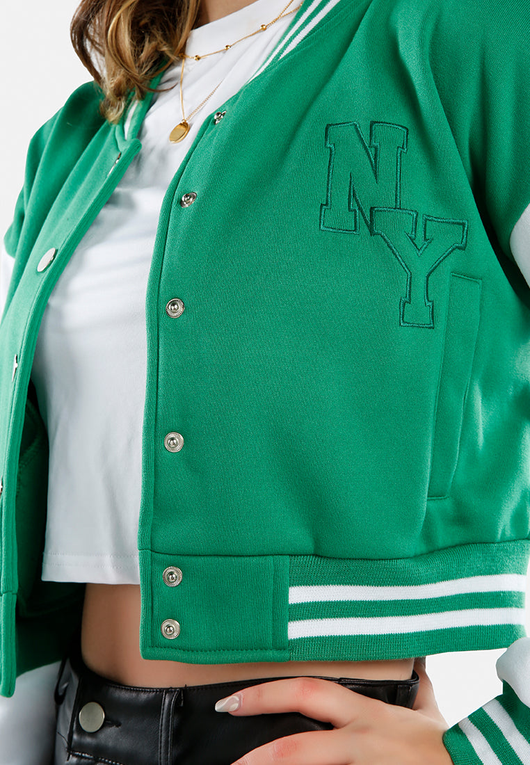 dual tone mandarin collar cropped jersey jacket#color_green