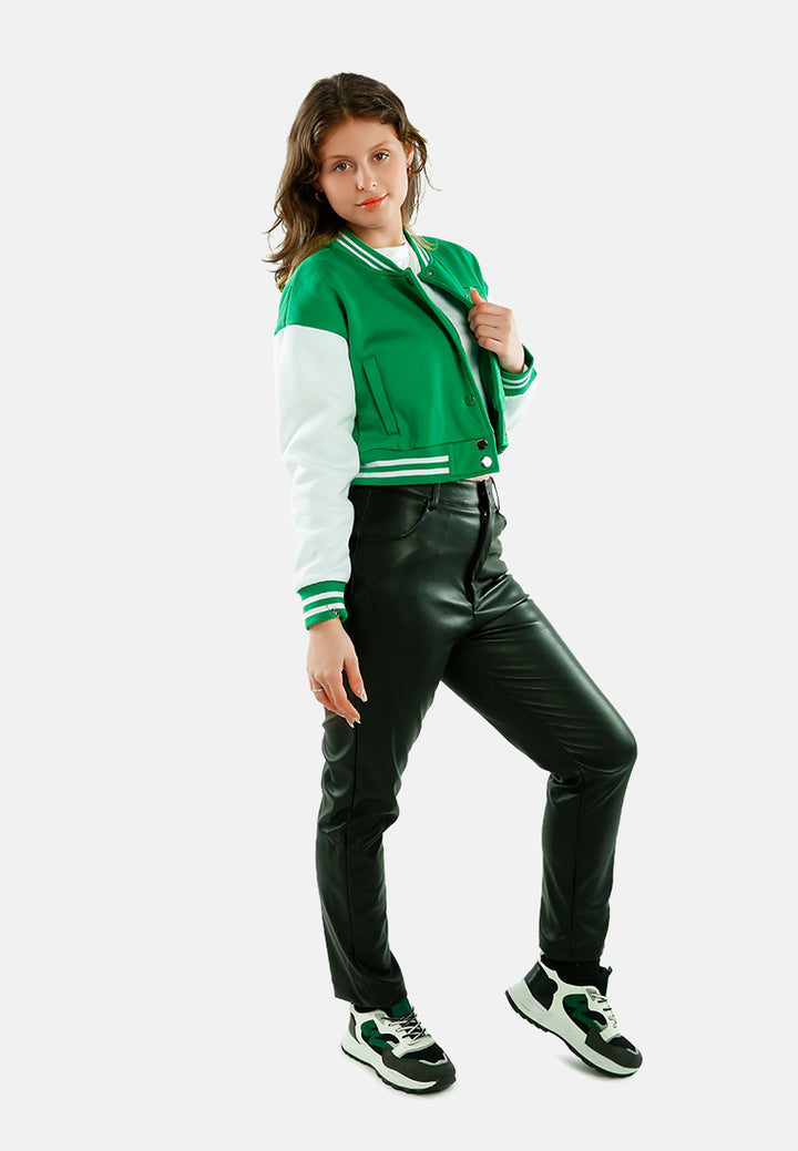 dual tone mandarin collar cropped jersey jacket#color_green