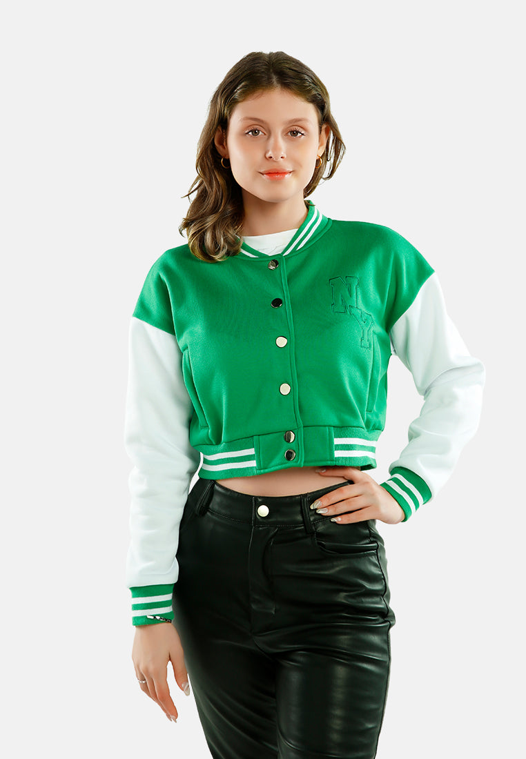 dual tone mandarin collar cropped jersey jacket#color_green