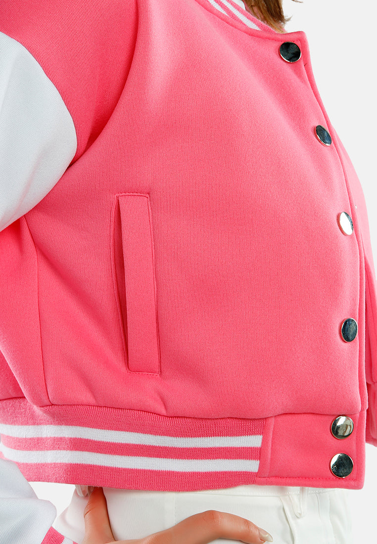 dual tone mandarin collar cropped jersey jacket#color_pink