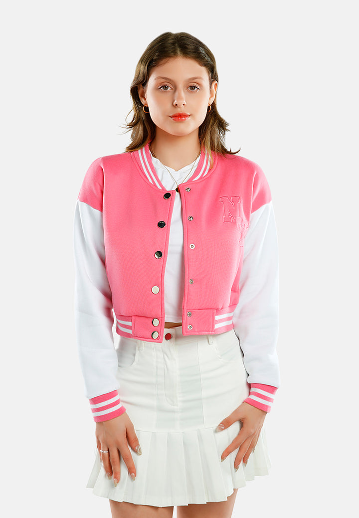 dual tone mandarin collar cropped jersey jacket#color_pink