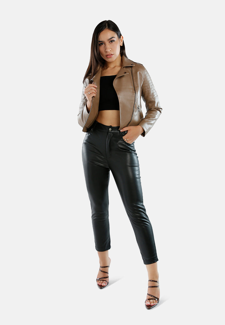 faux leather biker jacket#color_coffee