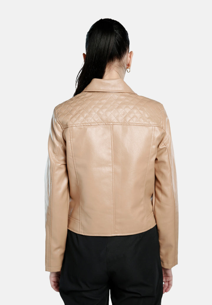 faux leather collared biker jacket#color_taupe