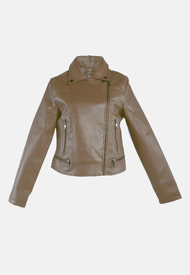 faux leather collared biker jacket#color_coffee