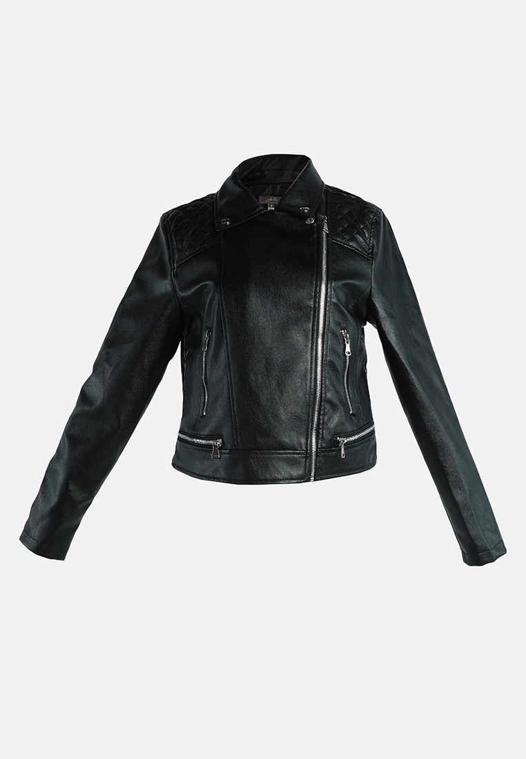 faux leather collared biker jacket#color_black