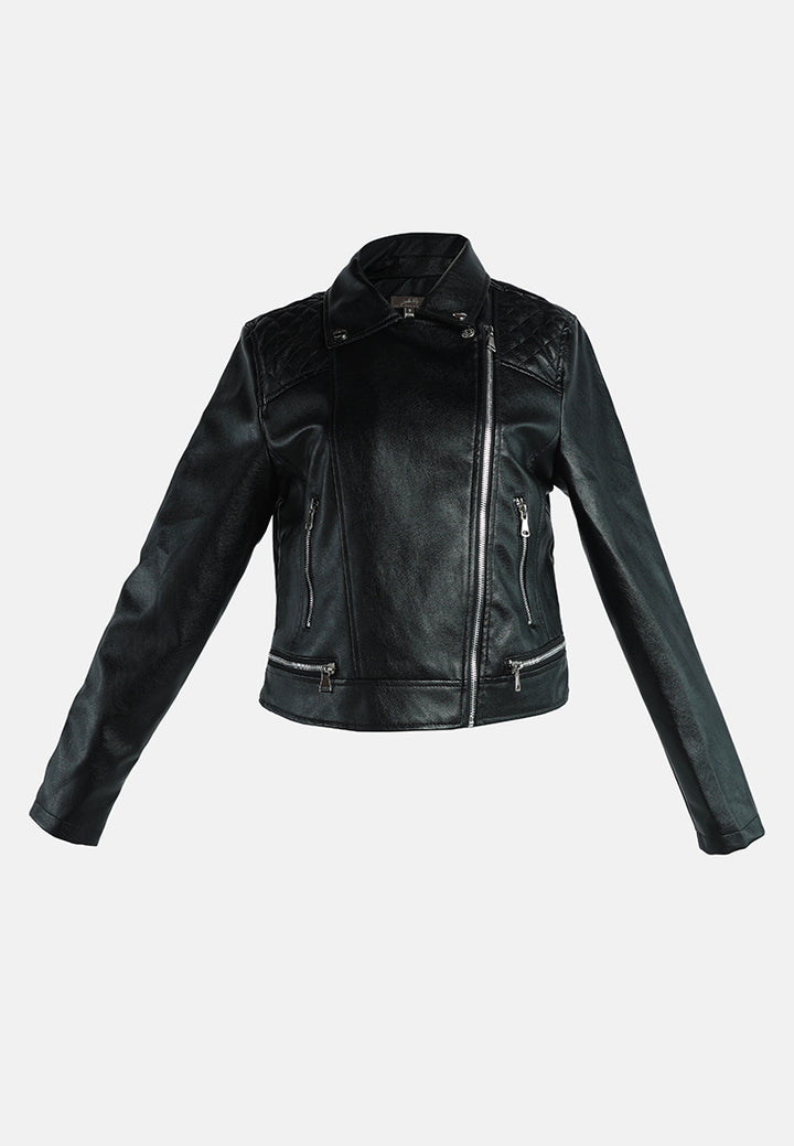 faux leather collared biker jacket#color_black