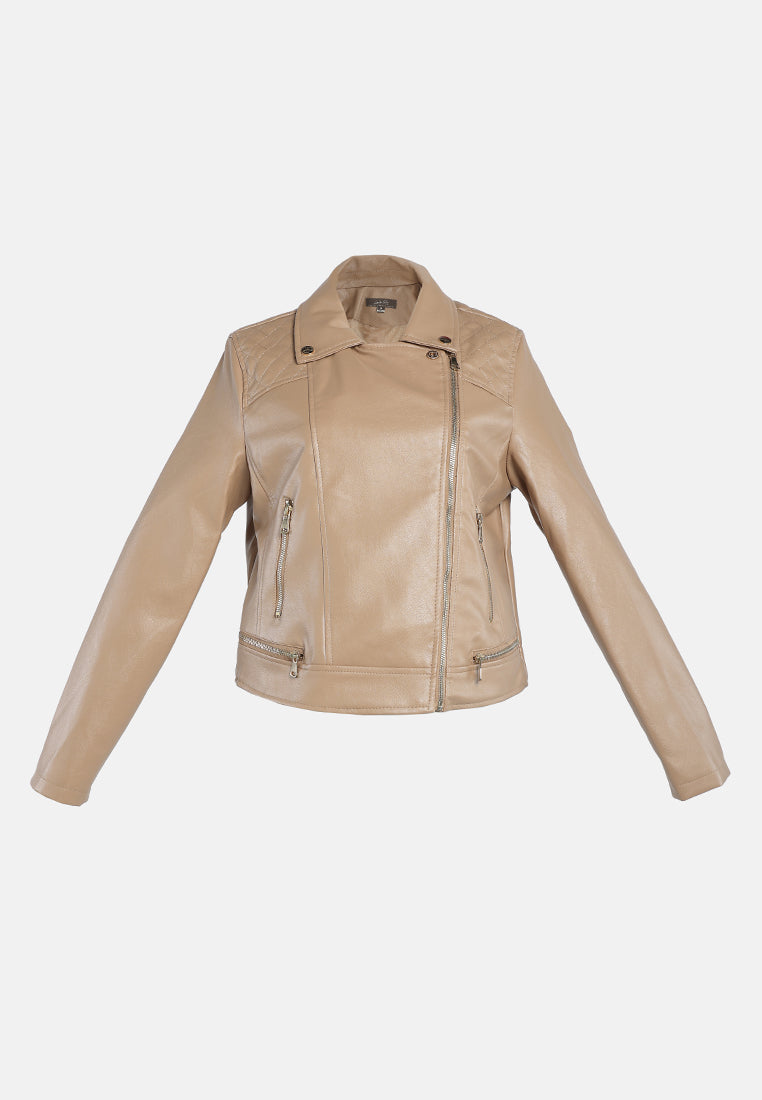 faux leather collared biker jacket#color_taupe