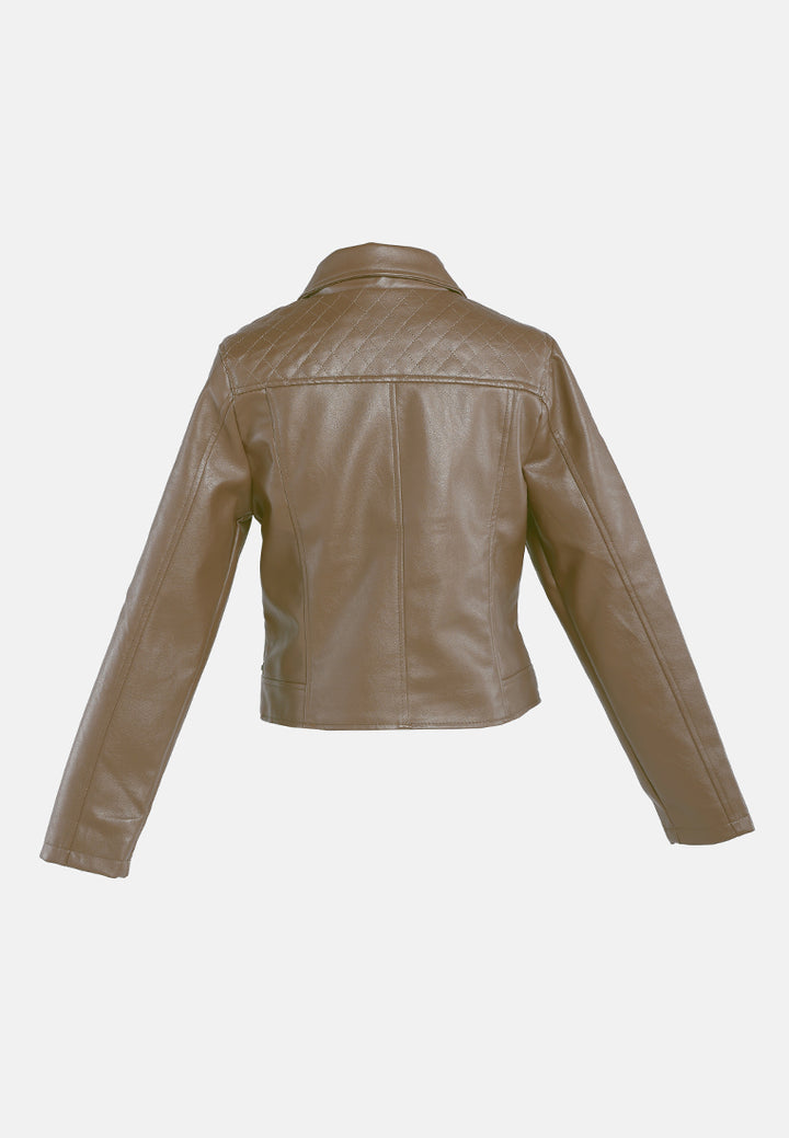 faux leather collared biker jacket#color_coffee
