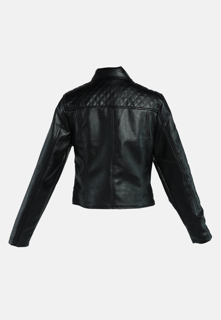 faux leather collared biker jacket#color_black