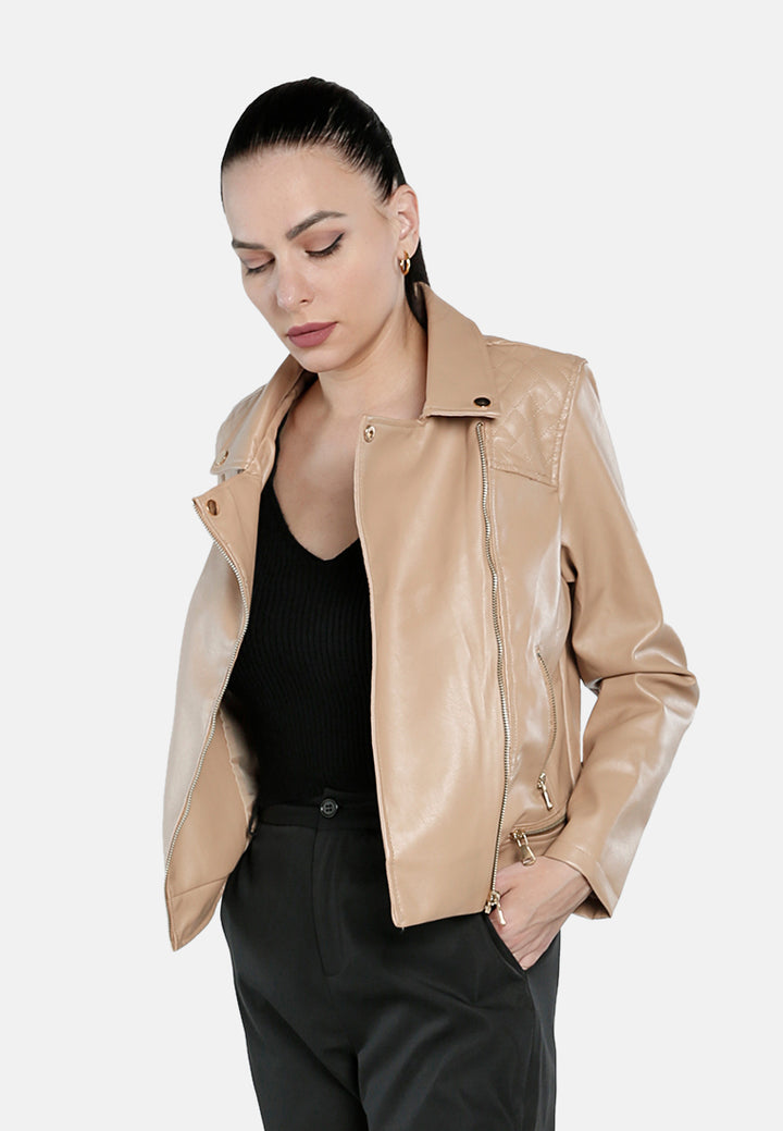 faux leather collared biker jacket#color_taupe