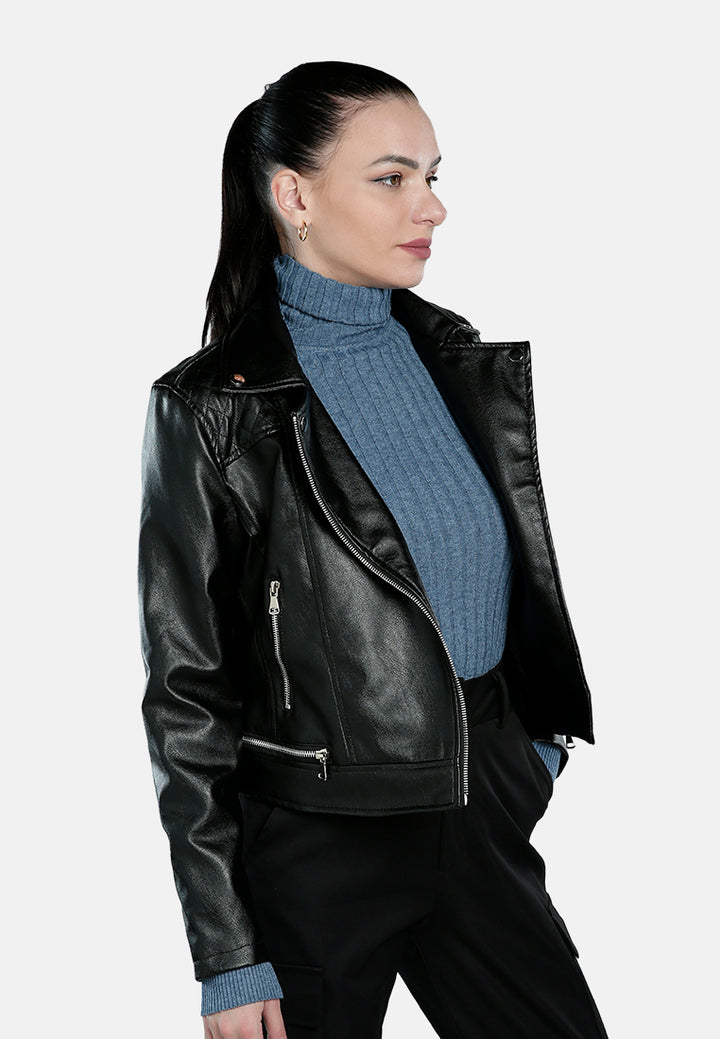 faux leather collared biker jacket#color_black