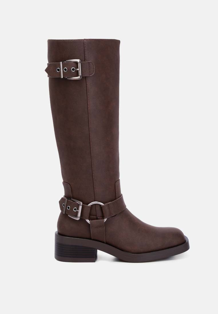 faux leather pin buckle high boots by ruw#color_chocolate