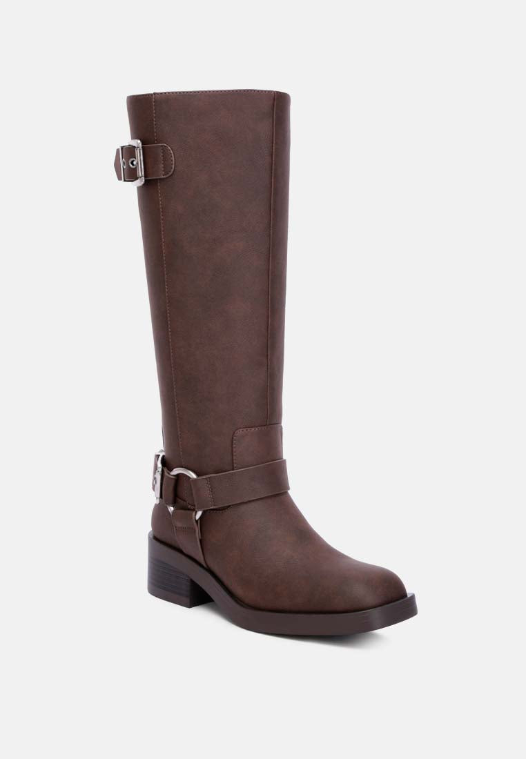 faux leather pin buckle high boots by ruw#color_chocolate