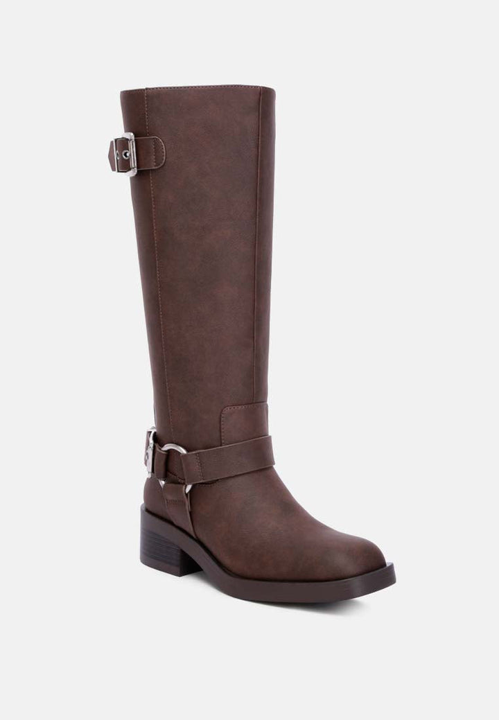 faux leather pin buckle high boots by ruw#color_chocolate