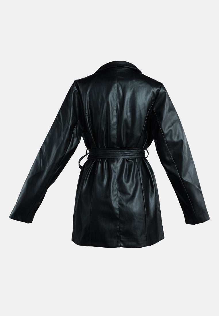 faux leather wrap around coat#color_black