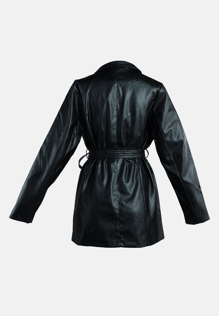 faux leather wrap around coat#color_black