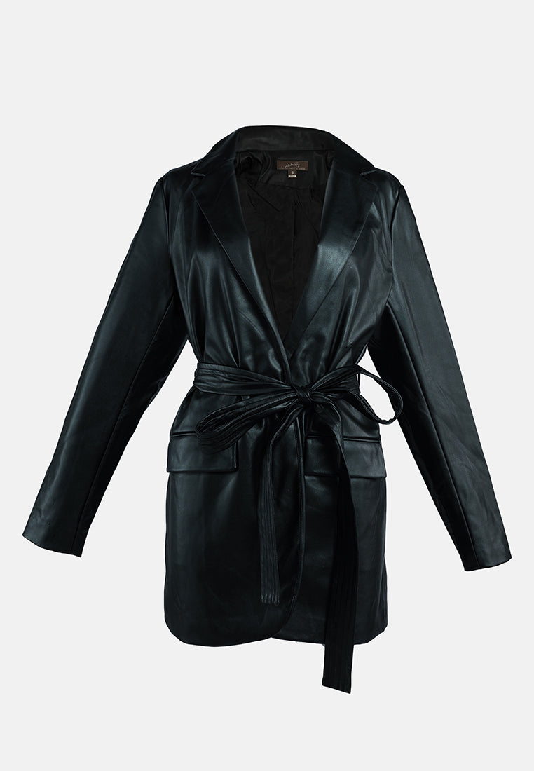 faux leather wrap around coat#color_black