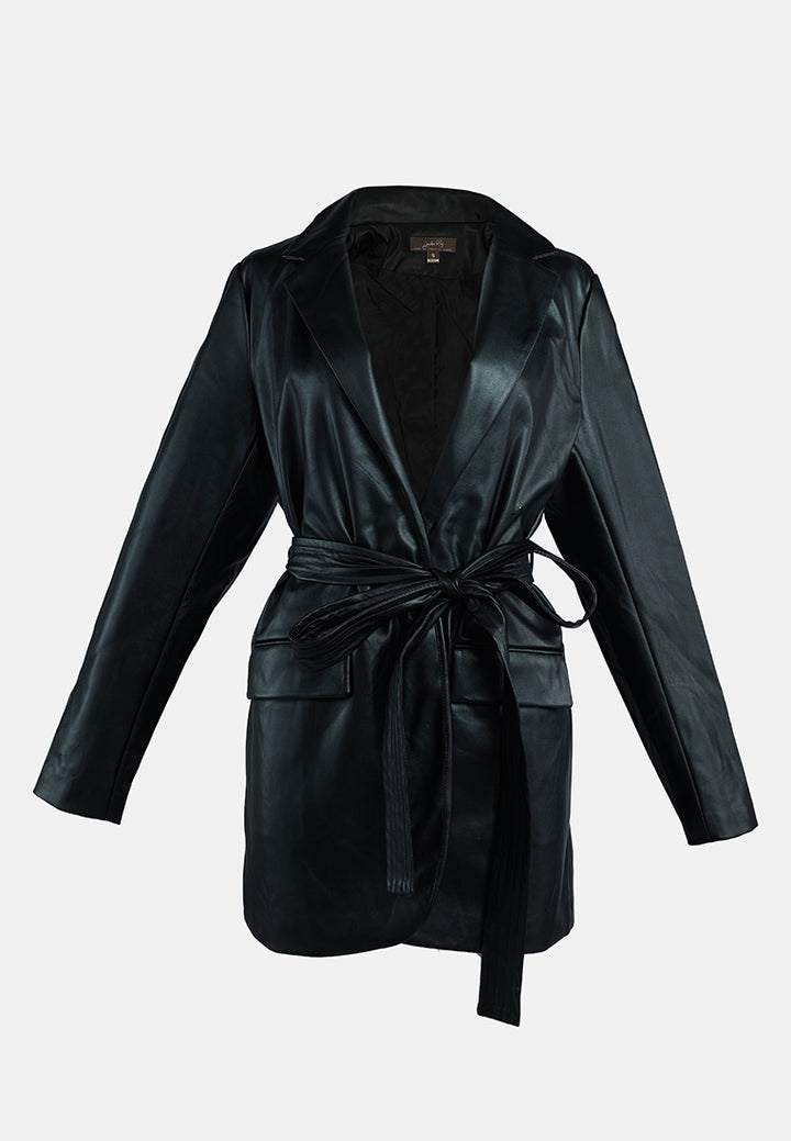 faux leather wrap around coat#color_black