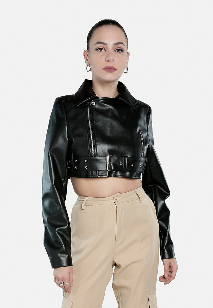 faux leather belted cropped jacket#color_black