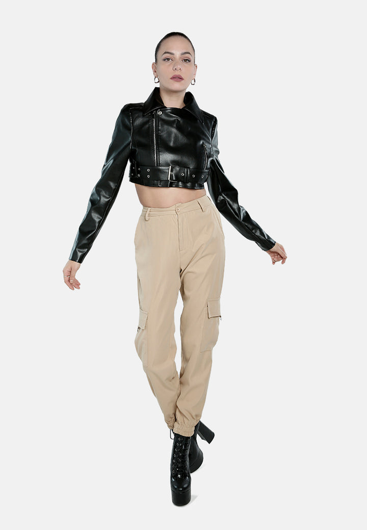 faux leather belted cropped jacket#color_black