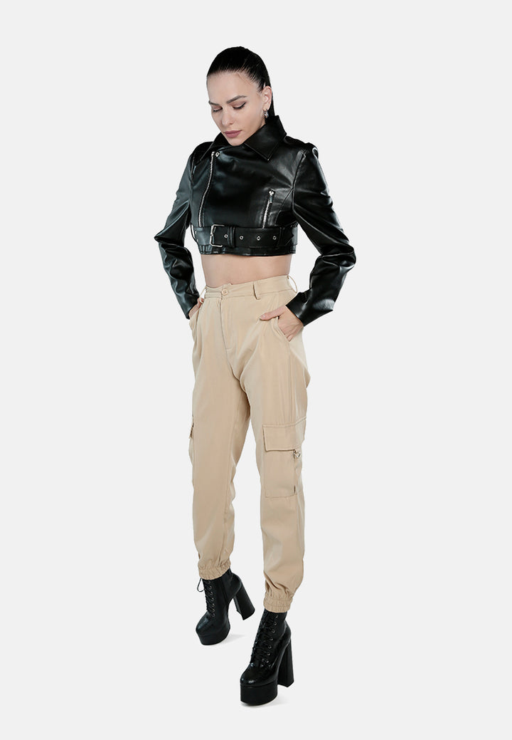 faux leather belted cropped jacket#color_black