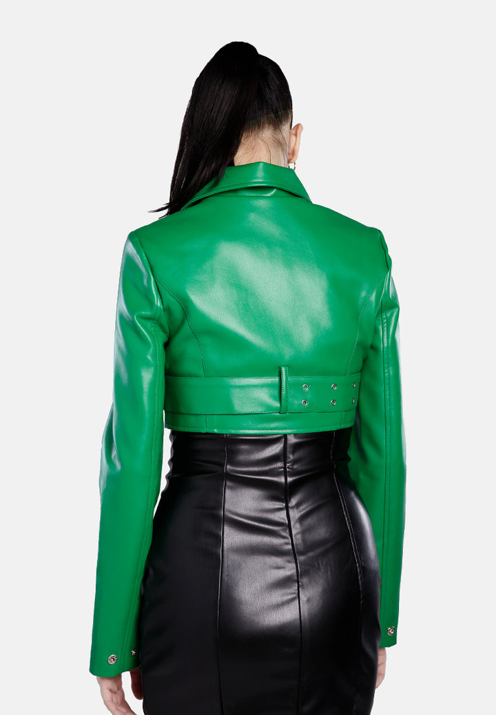 faux leather belted cropped jacket#color_green