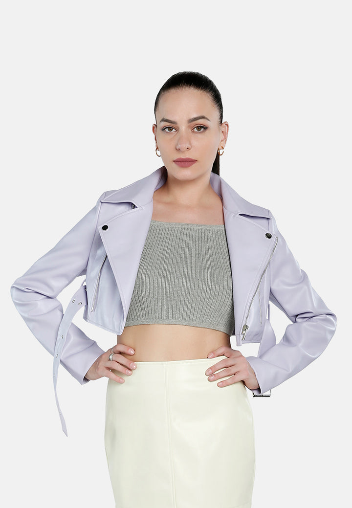 faux leather belted cropped jacket#color_purple