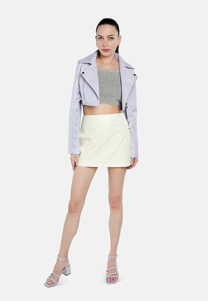 faux leather belted cropped jacket#color_purple