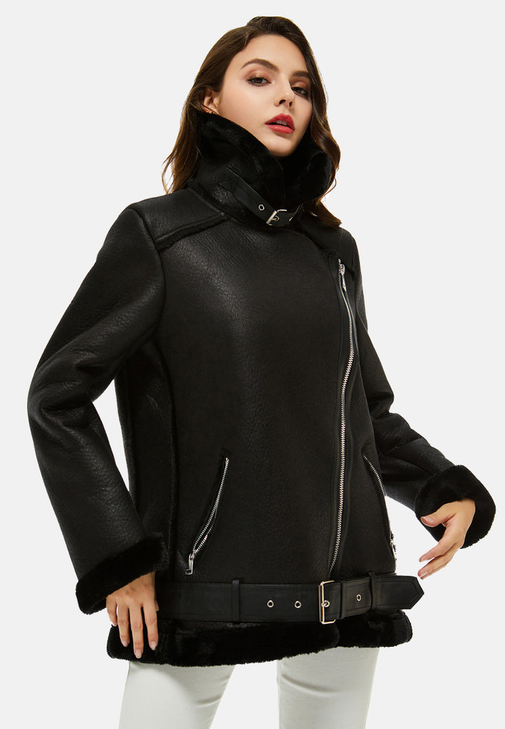 faux leather belted jacket with faux fur collar#color_black