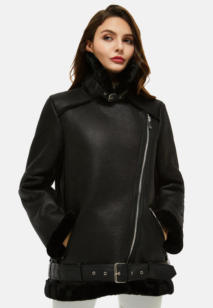 faux leather belted jacket with faux fur collar#color_black