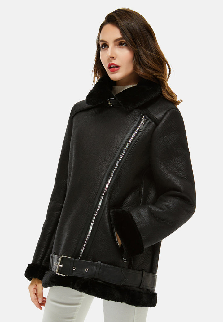 faux leather belted jacket with faux fur collar#color_black