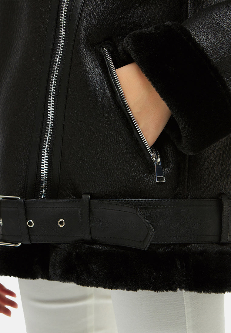faux leather belted jacket with faux fur collar#color_black