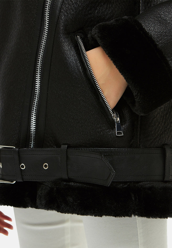 faux leather belted jacket with faux fur collar#color_black
