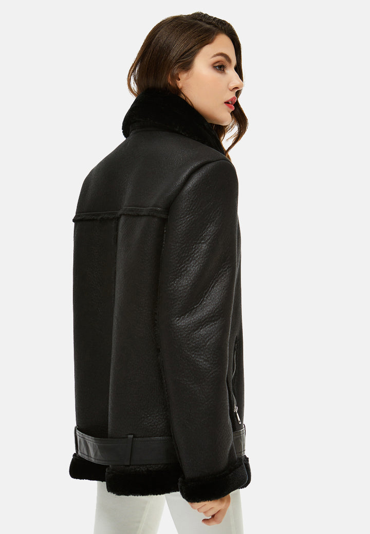 faux leather belted jacket with faux fur collar#color_black