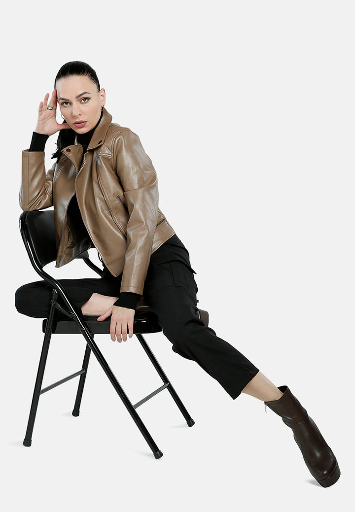 faux leather collared biker jacket#color_coffee