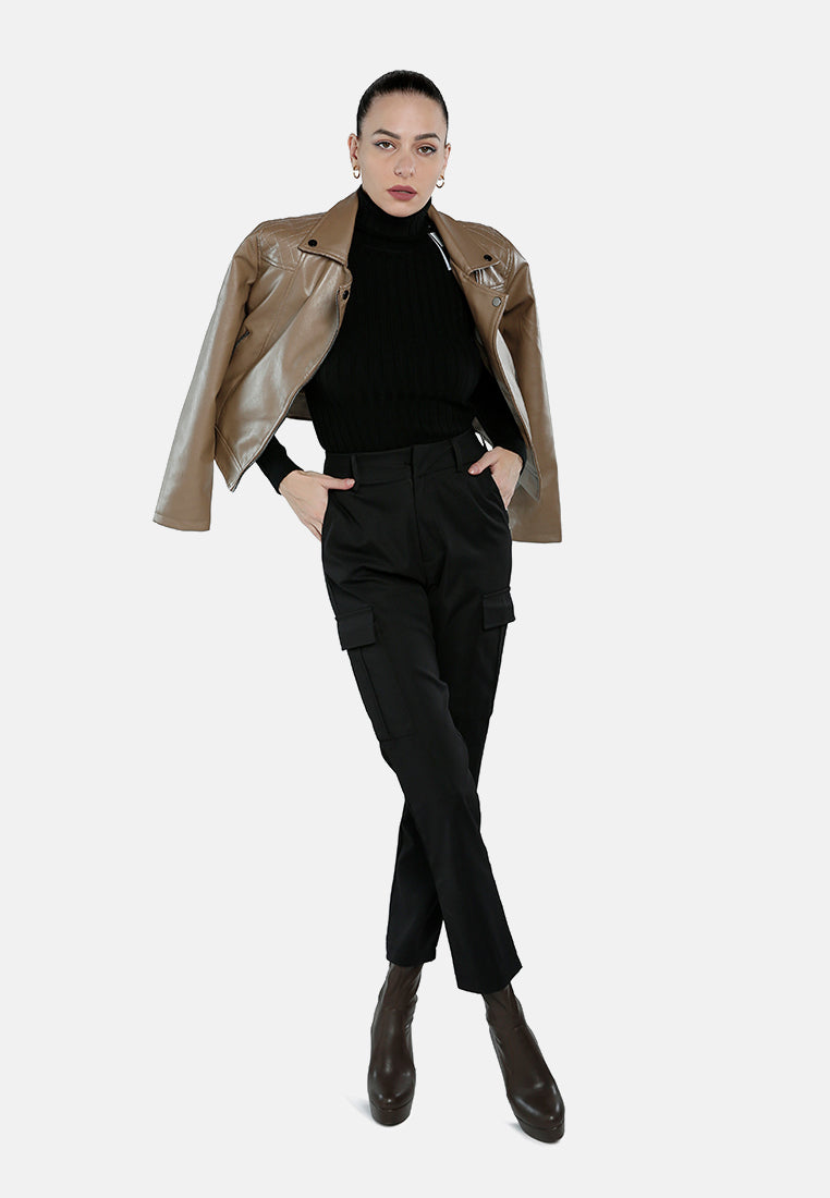 faux leather collared biker jacket#color_coffee